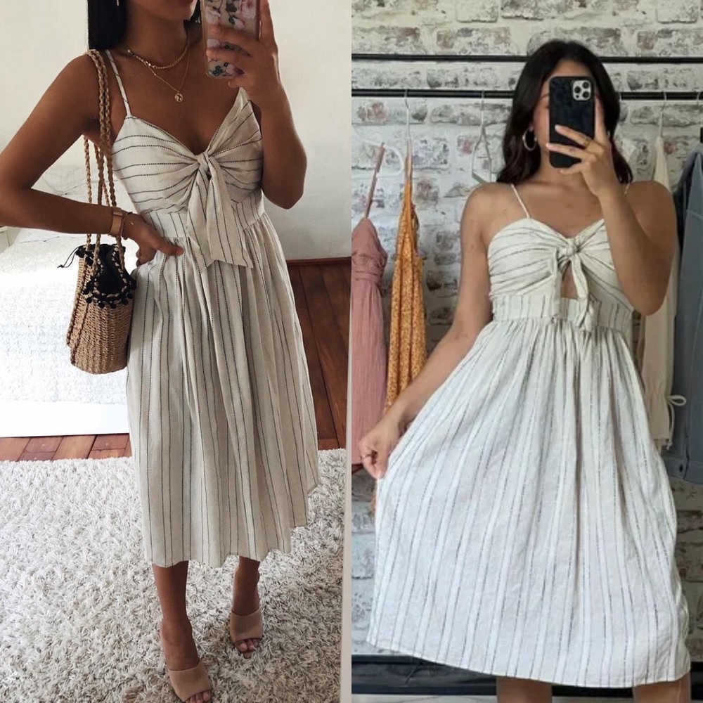 ZARA | sz S | linen blend sundress midi dress French vanilla white black stripes